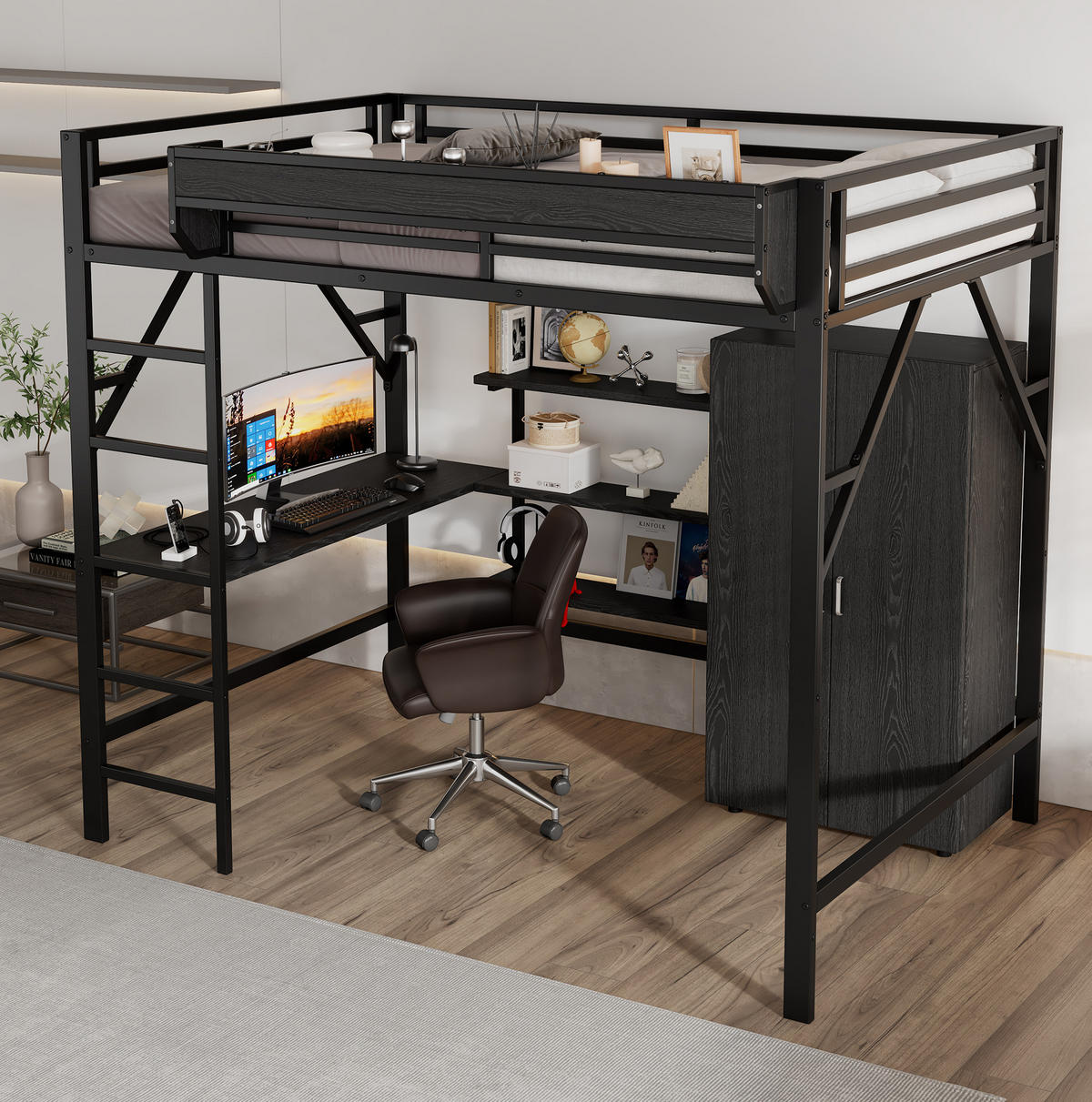 VYSOKÁ postel 140/200 cm černá s psacím stolem úložným prostorem a skříní z kovu a MDF - černá, kompozitní dřevo (140/200cm) - OKWISH