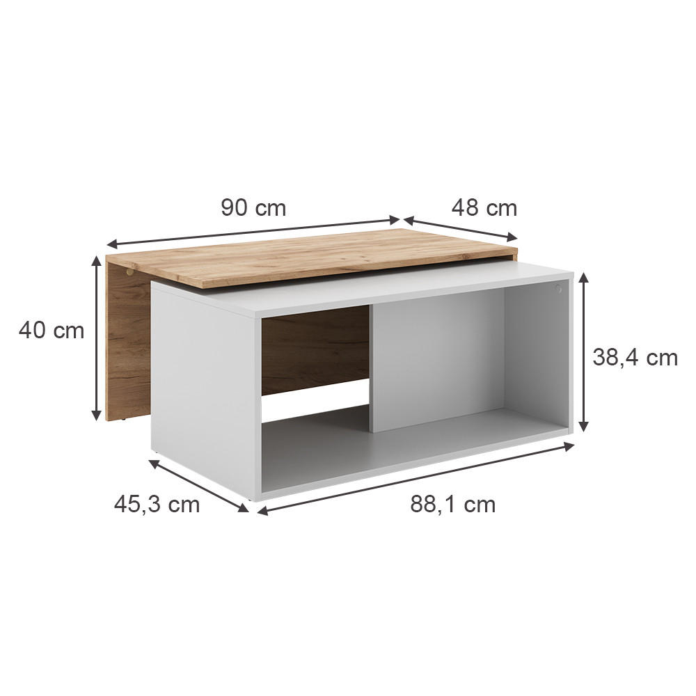 COUCHTISCH Paul Weiß/Goldkraft Eiche 90 x 48 cm - Honigeiche/Weiß, Holzwerkstoff (48/90/40cm) - Vicco
