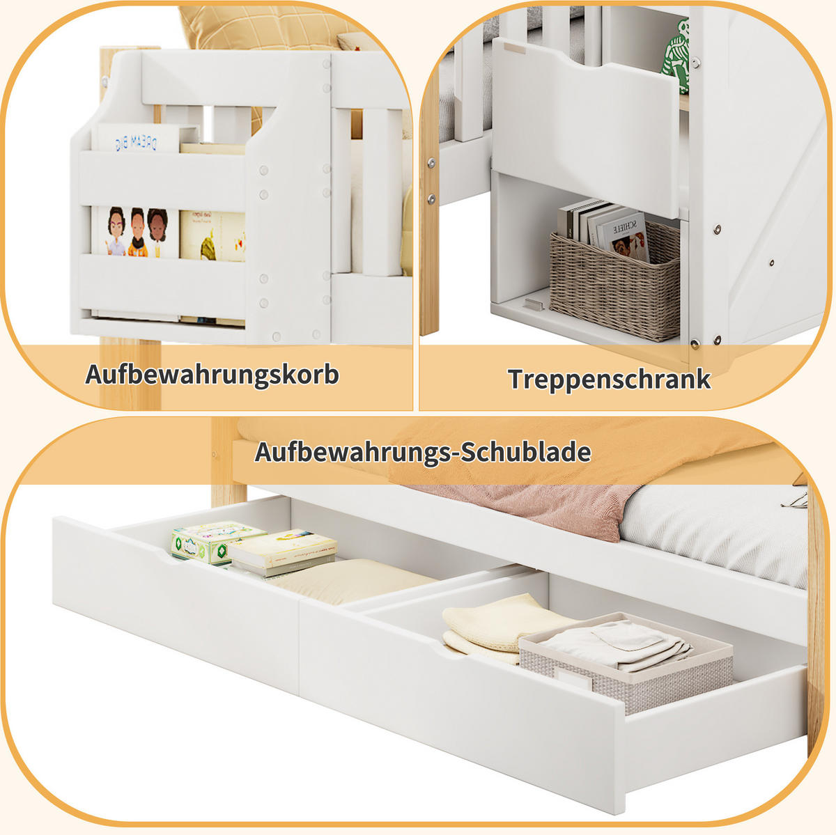 ETAGENBETT 90/200 cm aus Massivholz mit Treppenschrank, Schublade und Ablagekörben, Weiß/Natur - Weiß, Holzwerkstoff (90/200cm) - Redom