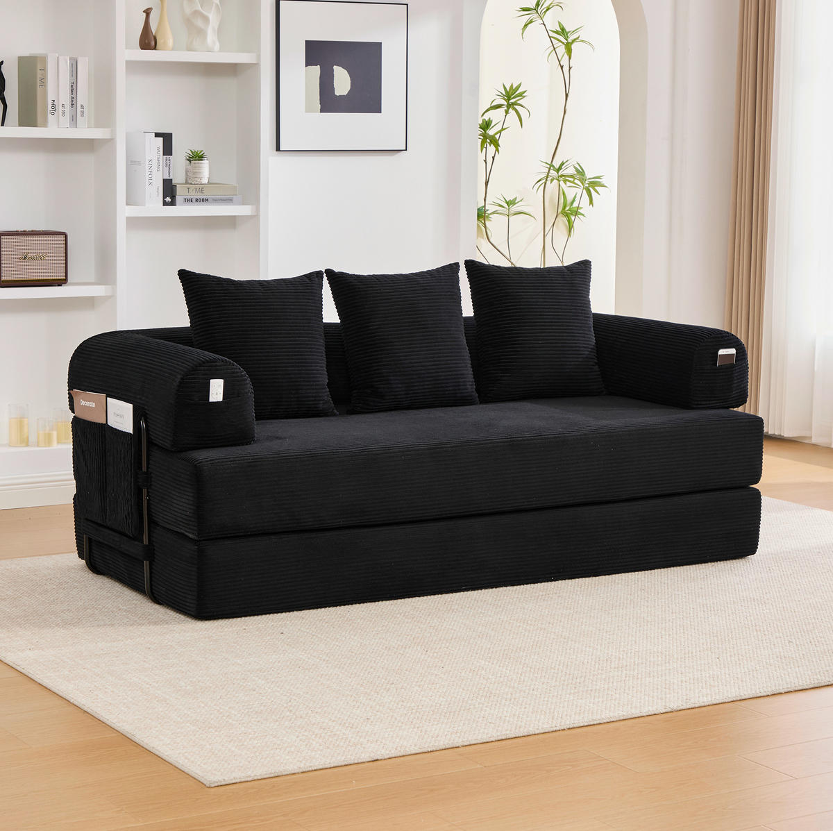 SOFA 200/94/67 cm aus Cord mit Metallrahmen und Seitentasche Schwarz - Schwarz, Textil (94/67/200cm) - Modenvie