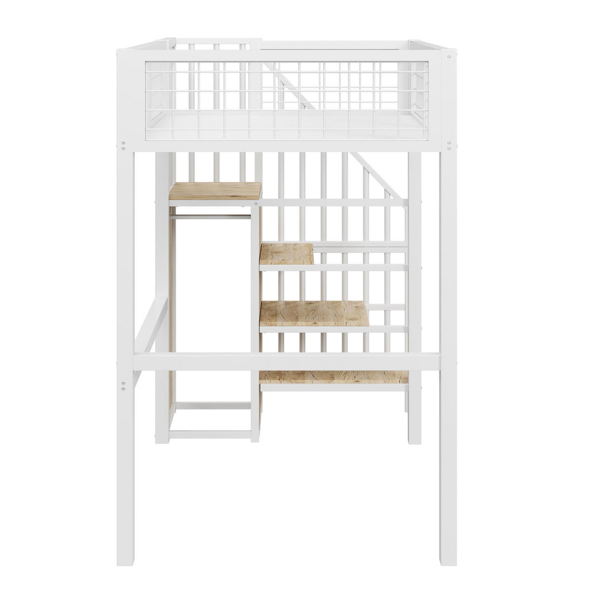 HOCHBETT 90/200 cm DE-01558, in Weiß, mit Leiter, Aufbewahrungsregal und Kleiderschrank - Weiß, Metall (90/200cm) - ComfortXL