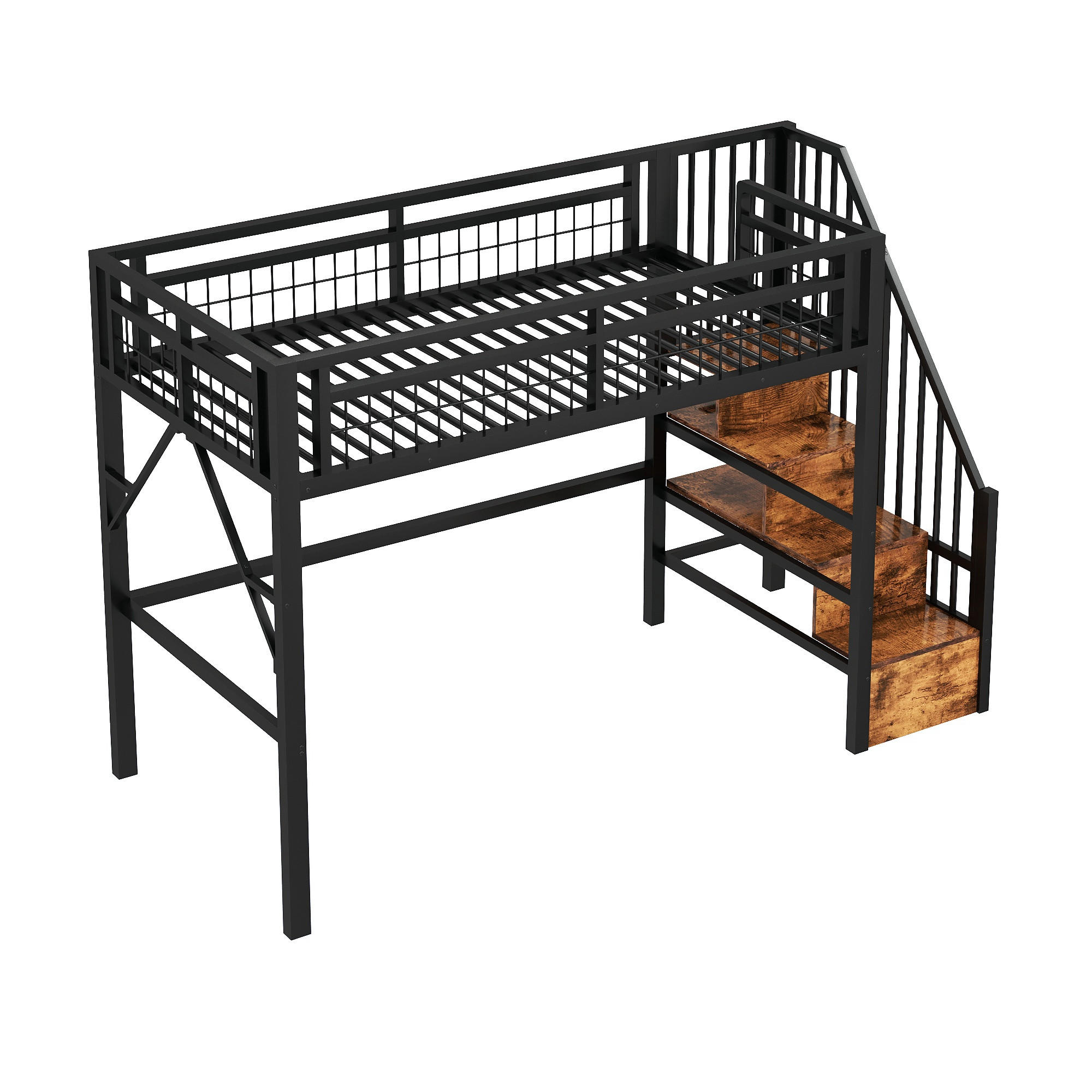 HOCHBETT 90/200 cm DE-04549, mit LED und Stauraum-Treppe in Schwarz - Schwarz, Metall (90/200cm) - ComfortXL
