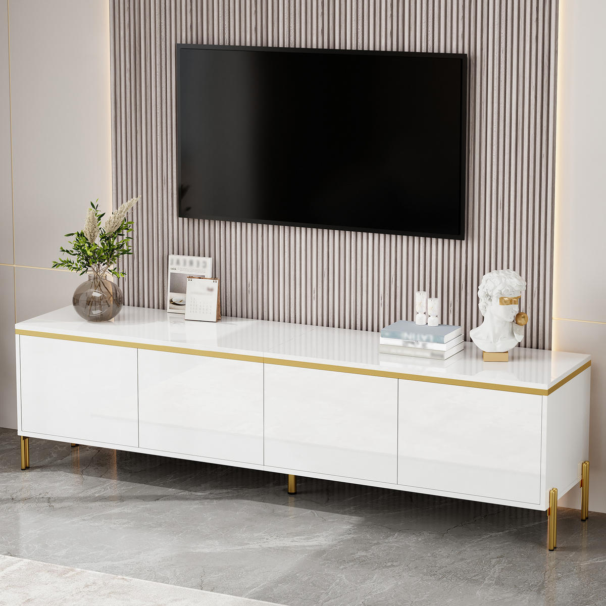 TV-SCHRANK Lowboard Hochglanz 4 Türen Goldkante - Weiß, Holzwerkstoff (170/50/38cm) - Fortuna Lai
