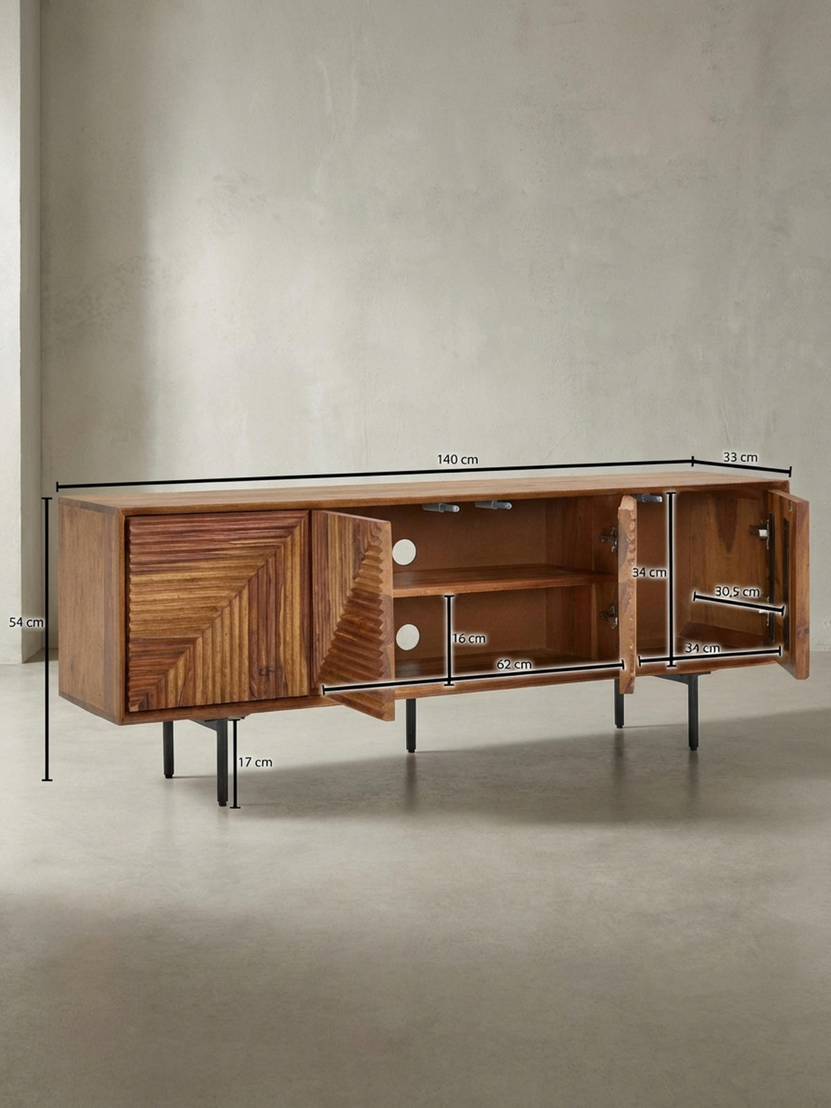 LOWBOARD Massivholz Modern Stil Modell Spectrum mit 3D-Oberfläche und Edelstahl-Gestell - Schwarz/Braun, Holz/Metall (140/54/33cm) - KADIMA DESIGN