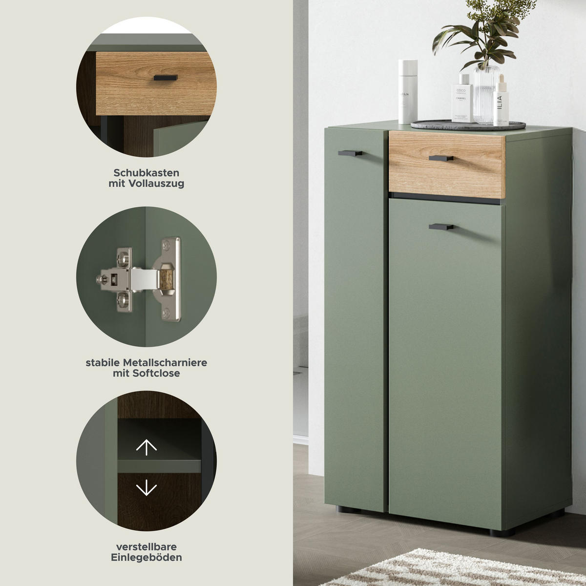 STANDSCHRANK AQUA (B/H/T: ca. 51/91/30 cm) in Sage Green/Sage Green - Grün, Holzwerkstoff (51/91/30cm)