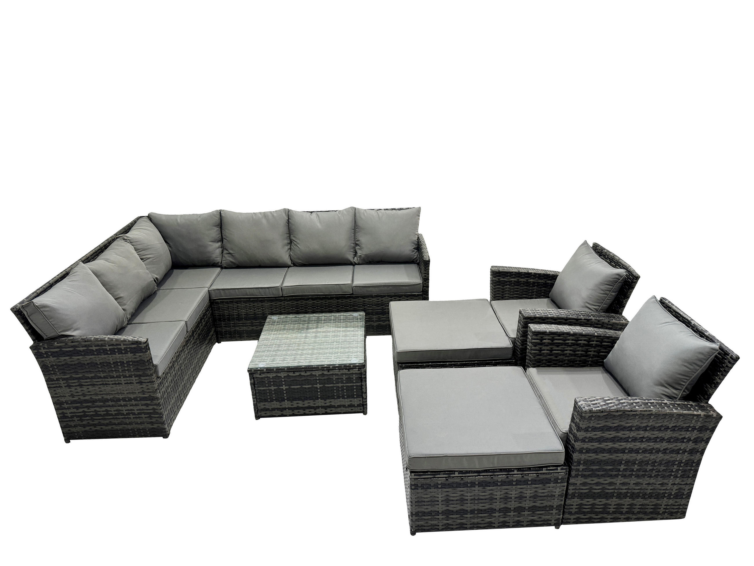 GARTENGARNITUR mit Ecksof,Couchtisch,2 Fußhocker Polyrattan Dunkelgrau 10-Sitzer - Dunkelgrau/Grau, Glas/Kunststoff - Fimous