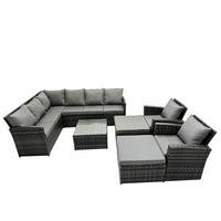 GARTENGARNITUR mit Ecksof,Couchtisch,2 Fußhocker Polyrattan Dunkelgrau 10-Sitzer - Dunkelgrau/Grau, Glas/Kunststoff - Fimous