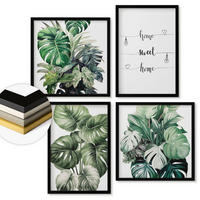 WANDBILDER 4er-Set - 50x50 cm & 40x60 cm Schwarzer Rahmen - Aquarell-Monstera-Blätter - Schwarz, Kunststoff (50/50cm) - ArtPrintCave