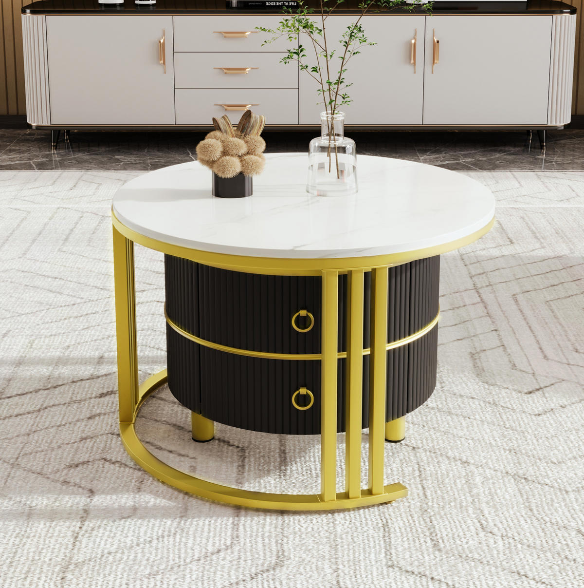 COUCHTISCH-SET aus MDF 70x70x46 cm und 50x50x40 cm Schwarz-Gold mit 2 Schubladen - Schwarz, Holzwerkstoff (70/70/46cm) - IVMEU