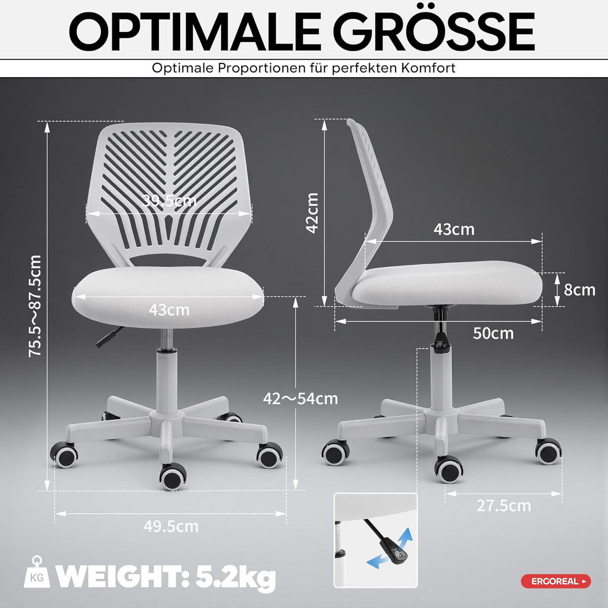 BÜROSTUHL Ergonomischer ohne Armlehne, mit Rollen & Höhenverstellung - Weiß, Metall (55/79/55cm) - Gisaae