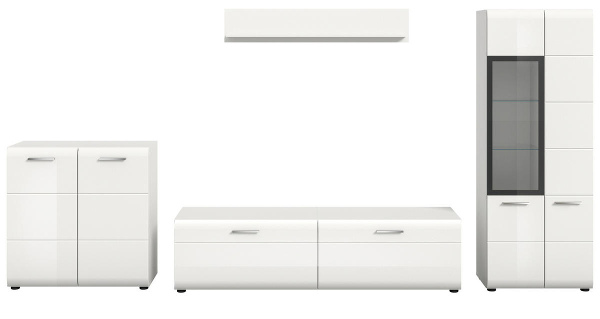WOHNWAND weiß Hochglanz 4-teilig 330 cm, Schrankwand mit viel Stauraum - Weiß Hochglanz/Silberfarben, Glas/Holzwerkstoff (330/160/41cm) - Inn.Furn
