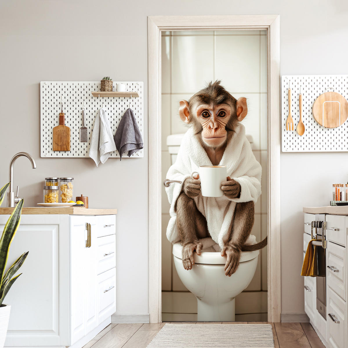 TÜRAUFKLEBER Selbstklebend - Affe - Modern - WC - Bademantel 95x235 cm - Türtapete - Rosa, Kunststoff (95/0.1cm) - MuchoWow