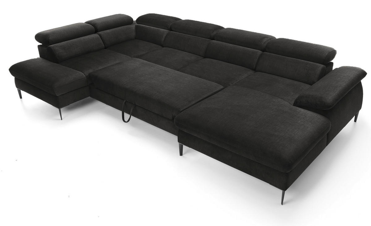 ECKSOFA U-Form 350 cm Amaro M mit Schlaffunktion, Rechts, Schwarz - Schwarz, Holz (353/214cm) - Emporius