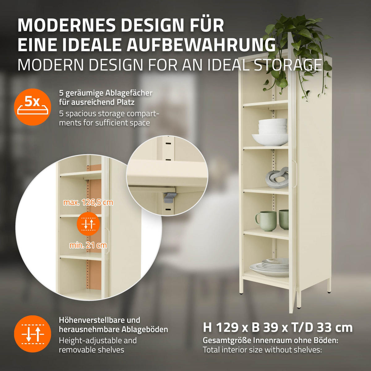 VITRINENSCHRANK 45x145x35 cm Creme aus Stahl - Creme, Metall (45/145/35cm) - ML-DESIGN