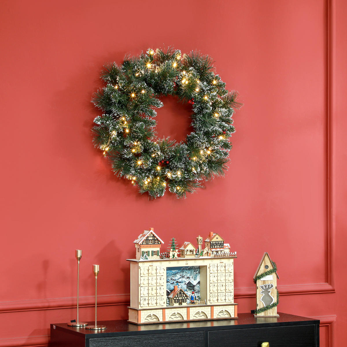 TANNENKRANZ Weihnachtskranz Türkranz Künstlicher Tannenkranz mit Lichterkette - Grün, Kunststoff/Metall (10cm) - HOMCOM