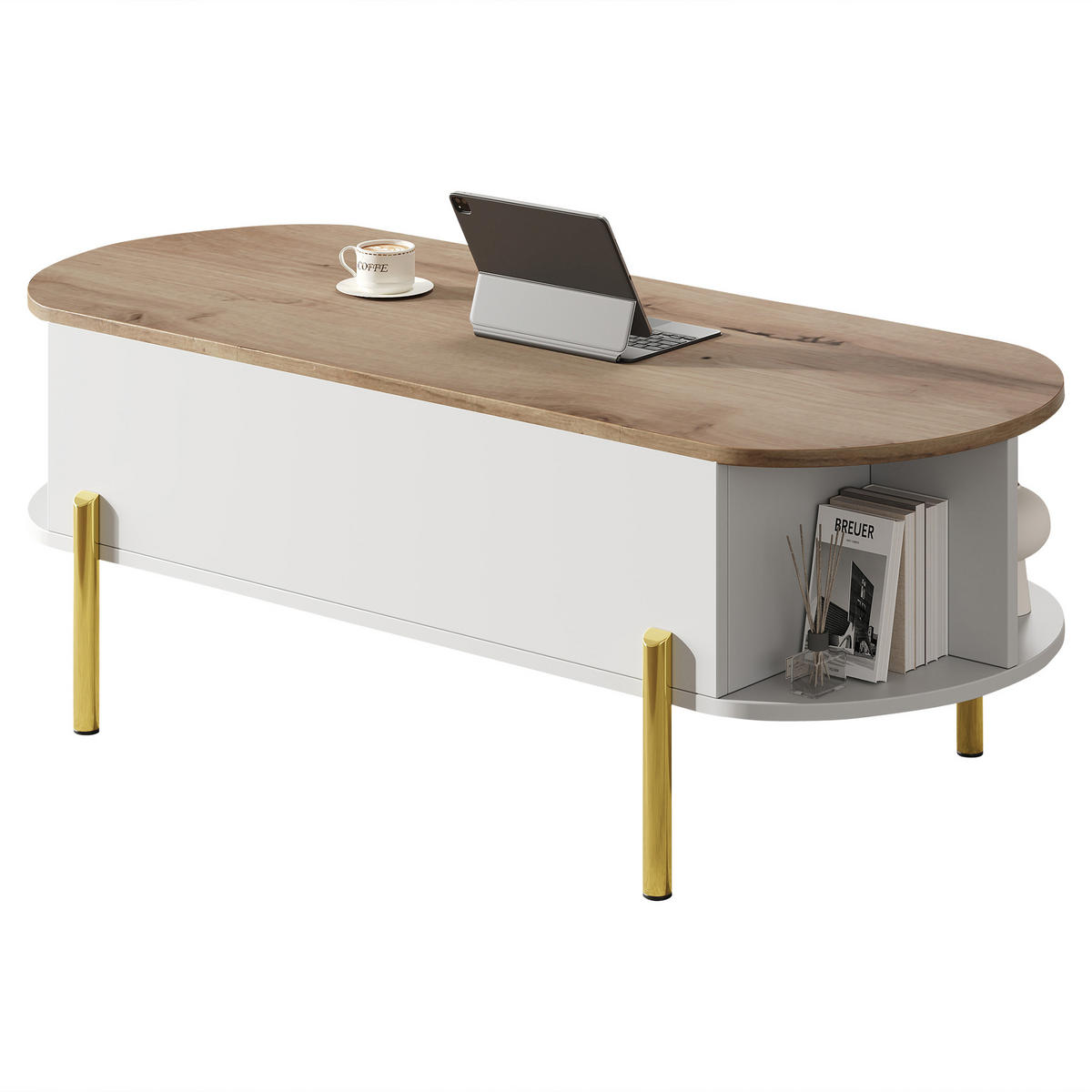 COUCHTISCH Weiß/Holzfarben 120/50/43 cm mit Hebefunktion - Weiß, Holzwerkstoff (50/120/43cm) - PANGIVO