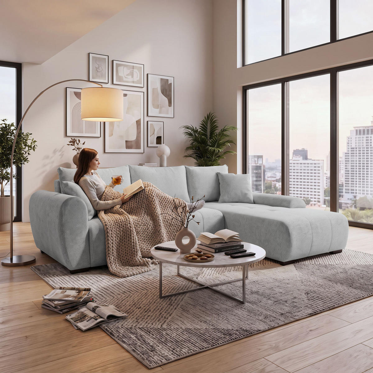 ECKSCHLAFSOFA Dallas mit Bettkasten, 255 cm, Hellgrau, rechts, Velour-Stoff - Hellgrau, Textil (255/175cm) - Beautysofa