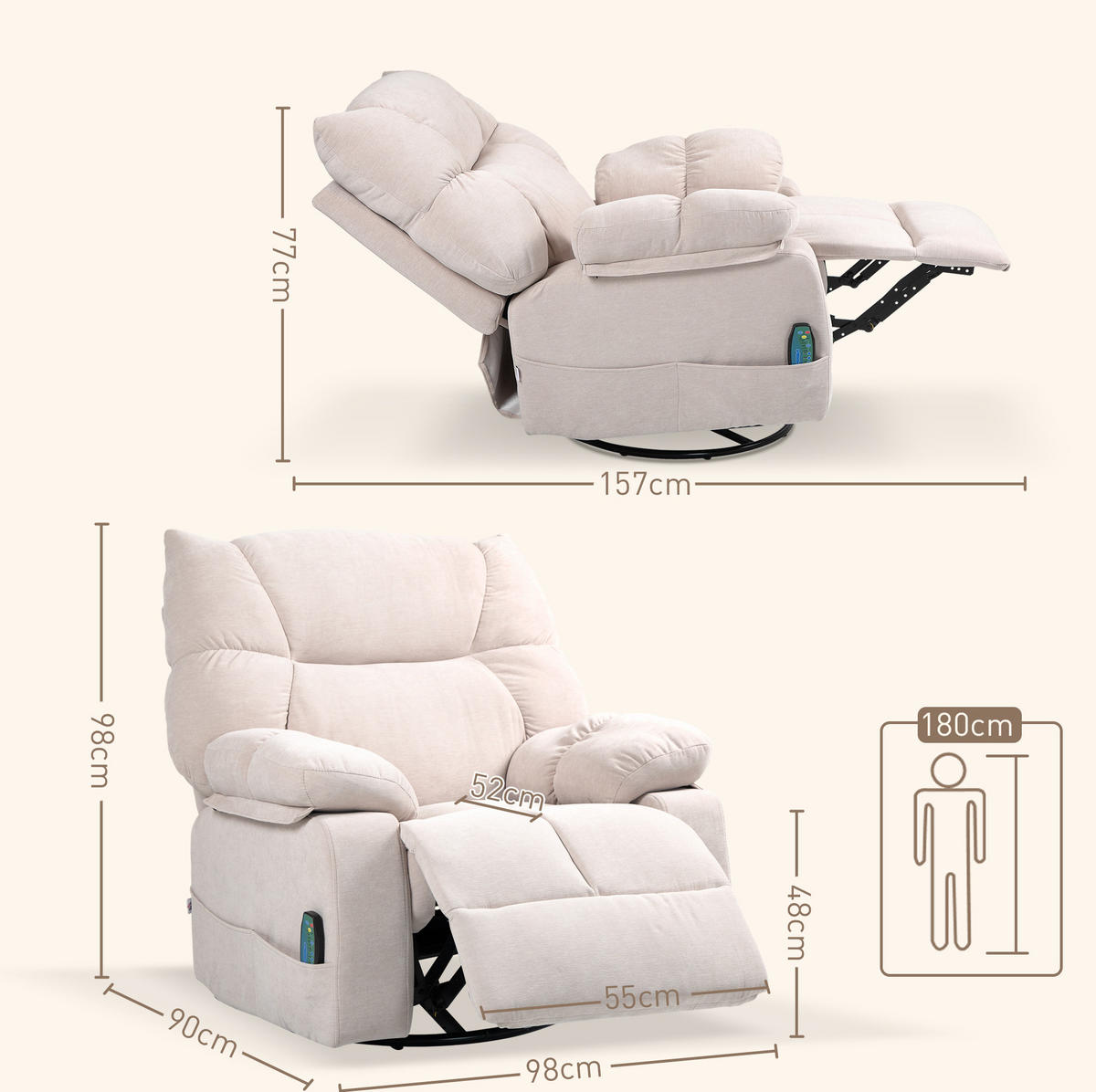 RELAXSESSEL in Beige 90x98x98 cm mit Massage- und Wärmefunktion, drehbar und schaukelbar - Beige, Textil (98/98/90cm) - IVMEU