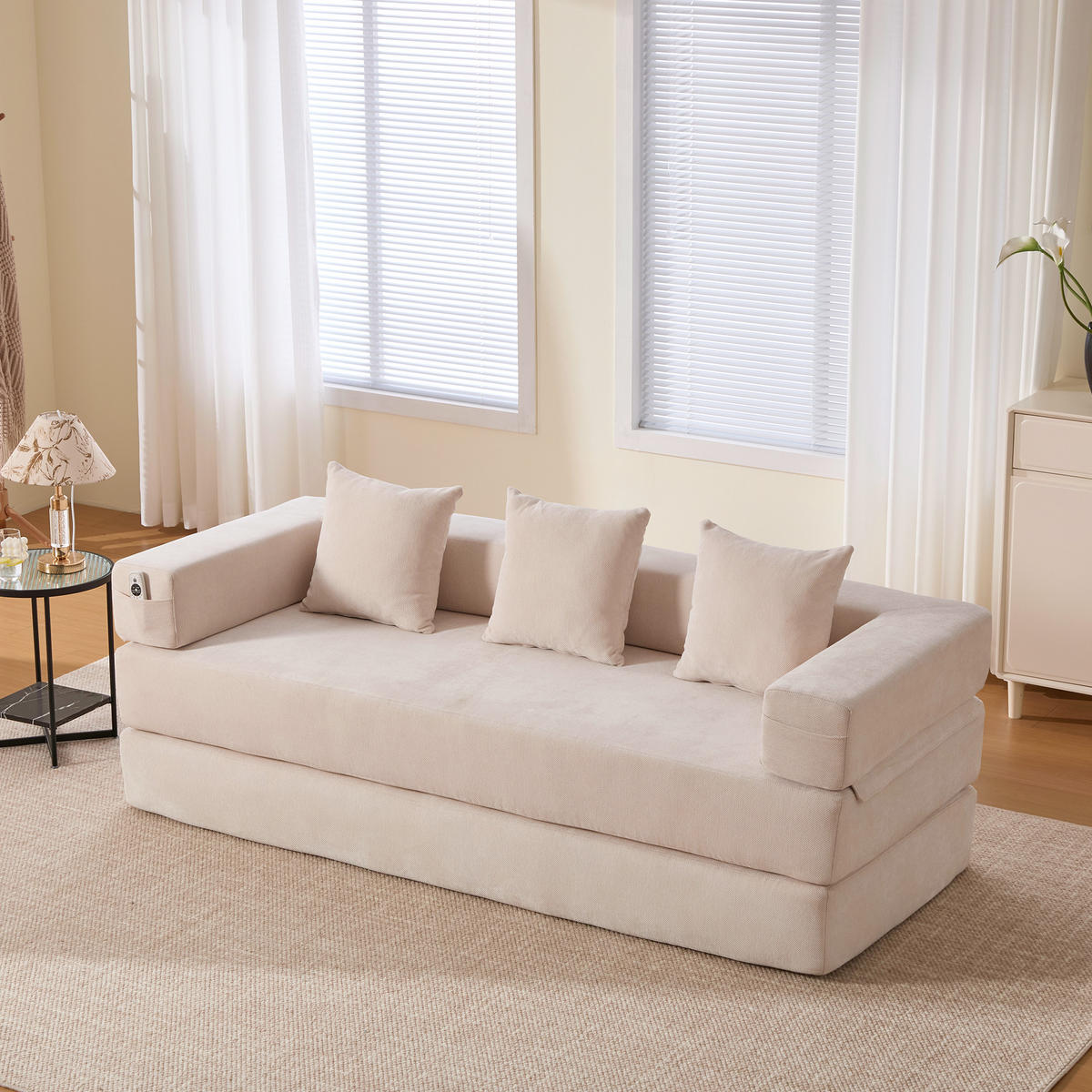 3-SITZER SOFA Chenille Beige mit Seitentaschen, Reißverschluss und rutschfester Unterseite - Beige, Holzwerkstoff/Textil (198/60/79cm) - WISHDOR