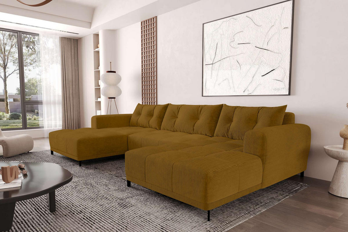 WOHNLANDSCHAFT Massimo Cordstoff Goldfarben inkl. Schlaffunktion - Goldfarben/Schwarz, Textil/Metall (356/94/181cm) - 99rooms