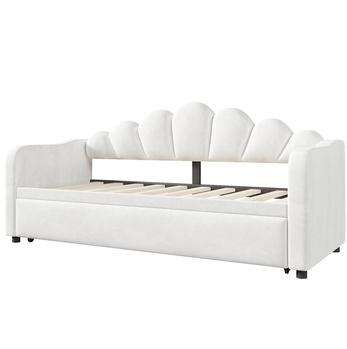TAGESBETT 90/200 cm mit Ausziehbett, LED-Beleuchtung und Samtbezug, Weiß - Weiß, Textil (90/200cm) - Redom