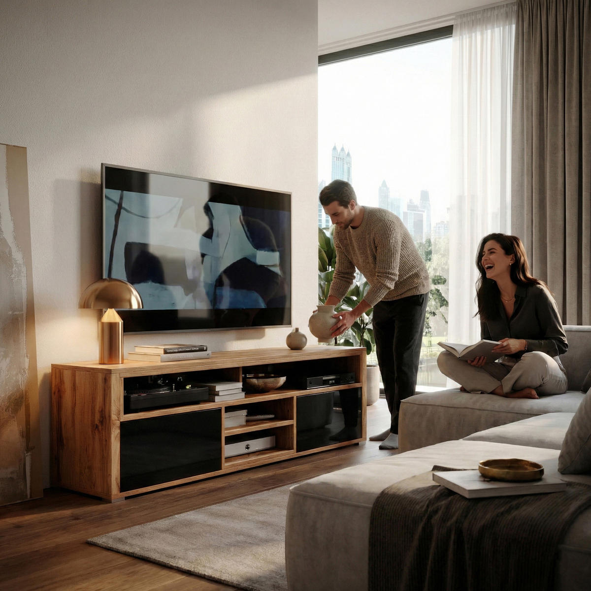 TV-ELEMENT Bella mit 2 Türen und offenem Regal, eiche Wotan+schwarz glänzend - Eichefarben/Schwarz, Holzwerkstoff (137/42.5/33cm) - Beautysofa