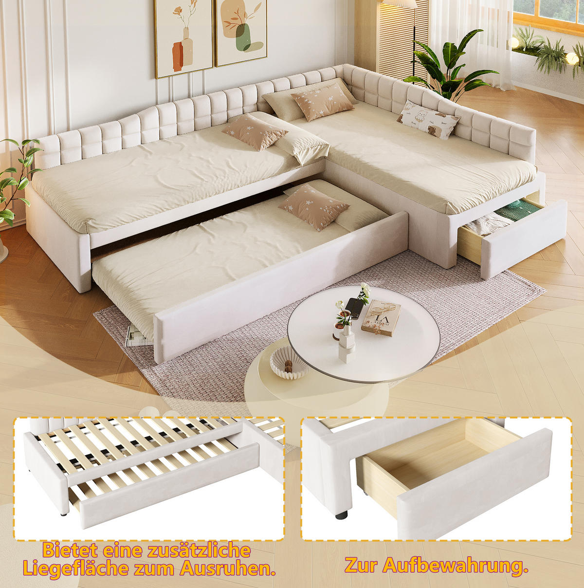 L-FÖRMIGES Polsterbett 90x200 cm in Beige mit Ausziehbett und Schubladen - Beige, Textil (90/200cm) - IVMEU