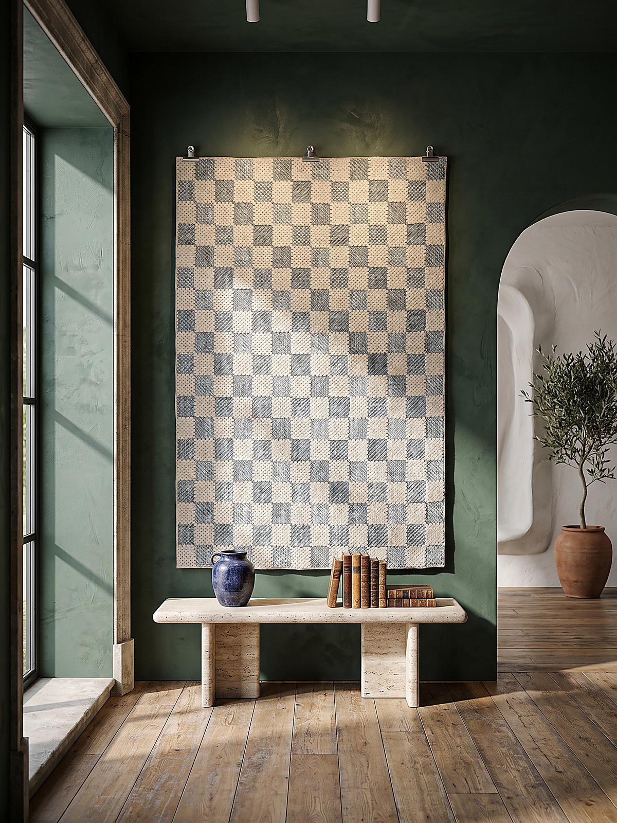 BAUMWOLLTEPPICH waschbar AFTON, Schachbrettmuster, Natur-Blau, 155 x 230 cm - Beige, Textil (155/230cm) - KADIMA DESIGN