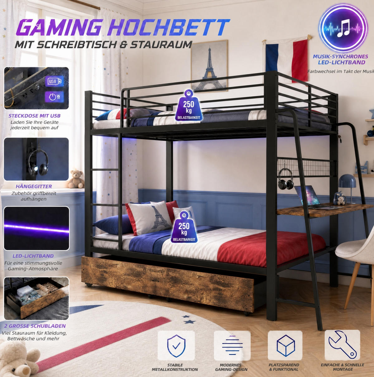 HOCHBETT aus Metall und MDF 140x200 cm Schwarz mit Schreibtisch, RGB-LED-Beleuchtung und Stauraum - Schwarz, Holzwerkstoff (140/200cm) - Modfu