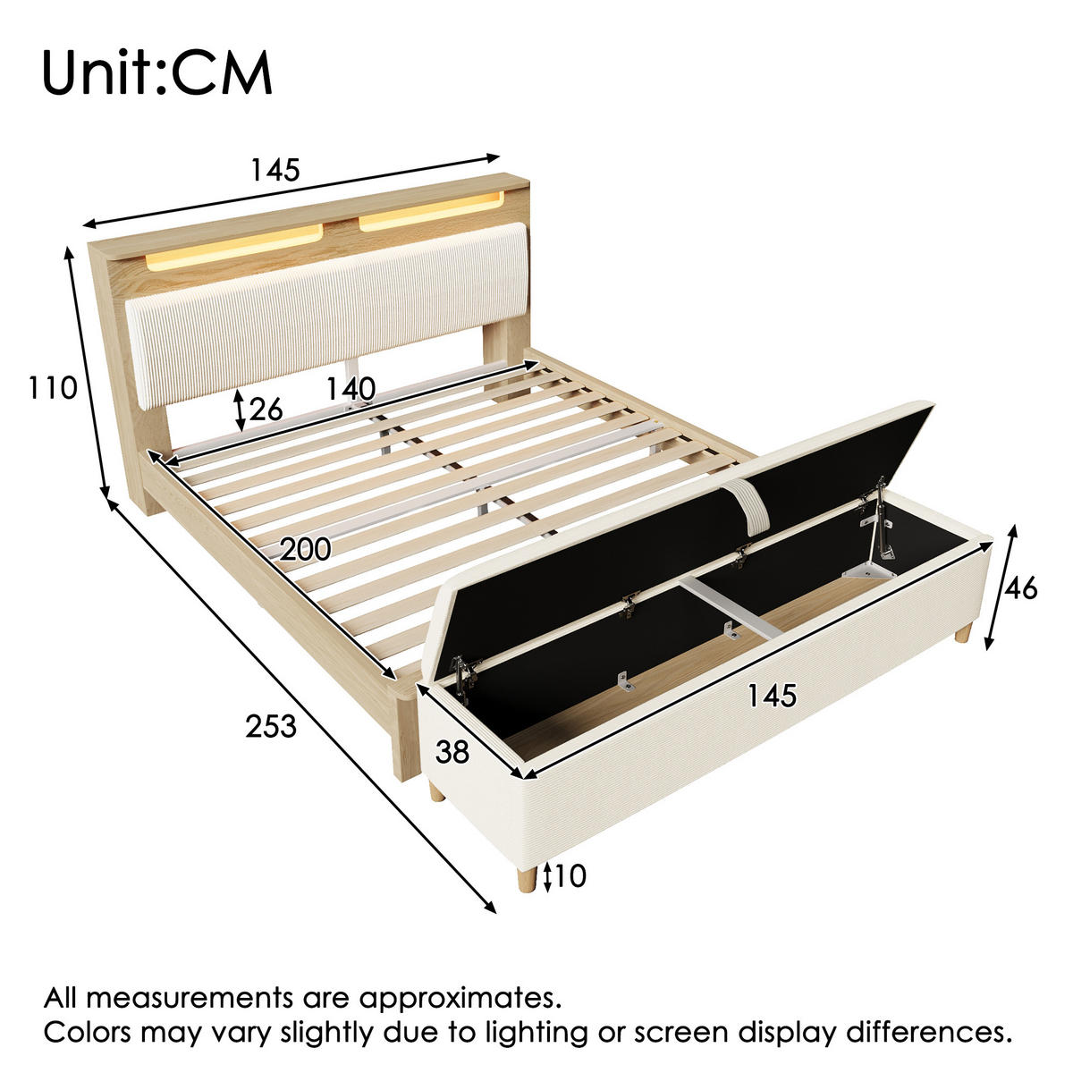 POLSTERBETT 140/200 cm mit LED-Beleuchtung, Bettbank mit Stauraum und Kopfteilregal,und Matratze, Beige - Beige, Textil (140/200cm) - Redom