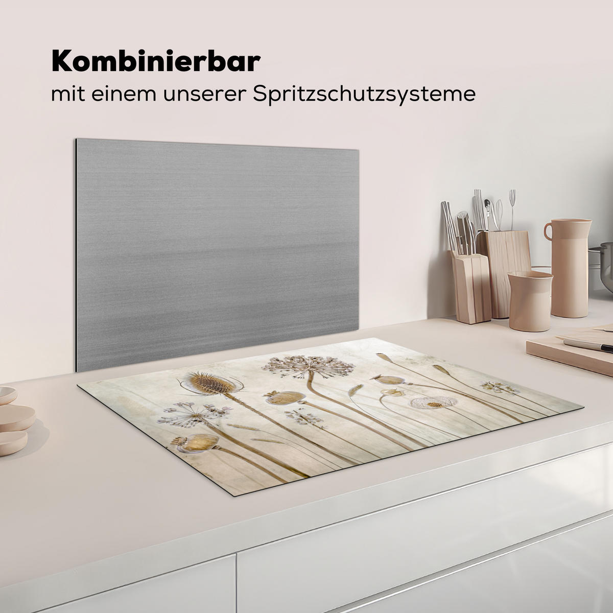 KRYT NA INDUKČNÍ DESKU Květiny - Akvarel - Zátiší - Hnědá - Vintage 75x52 cm - písková barva, plast (75/52/0.2cm) - MuchoWow