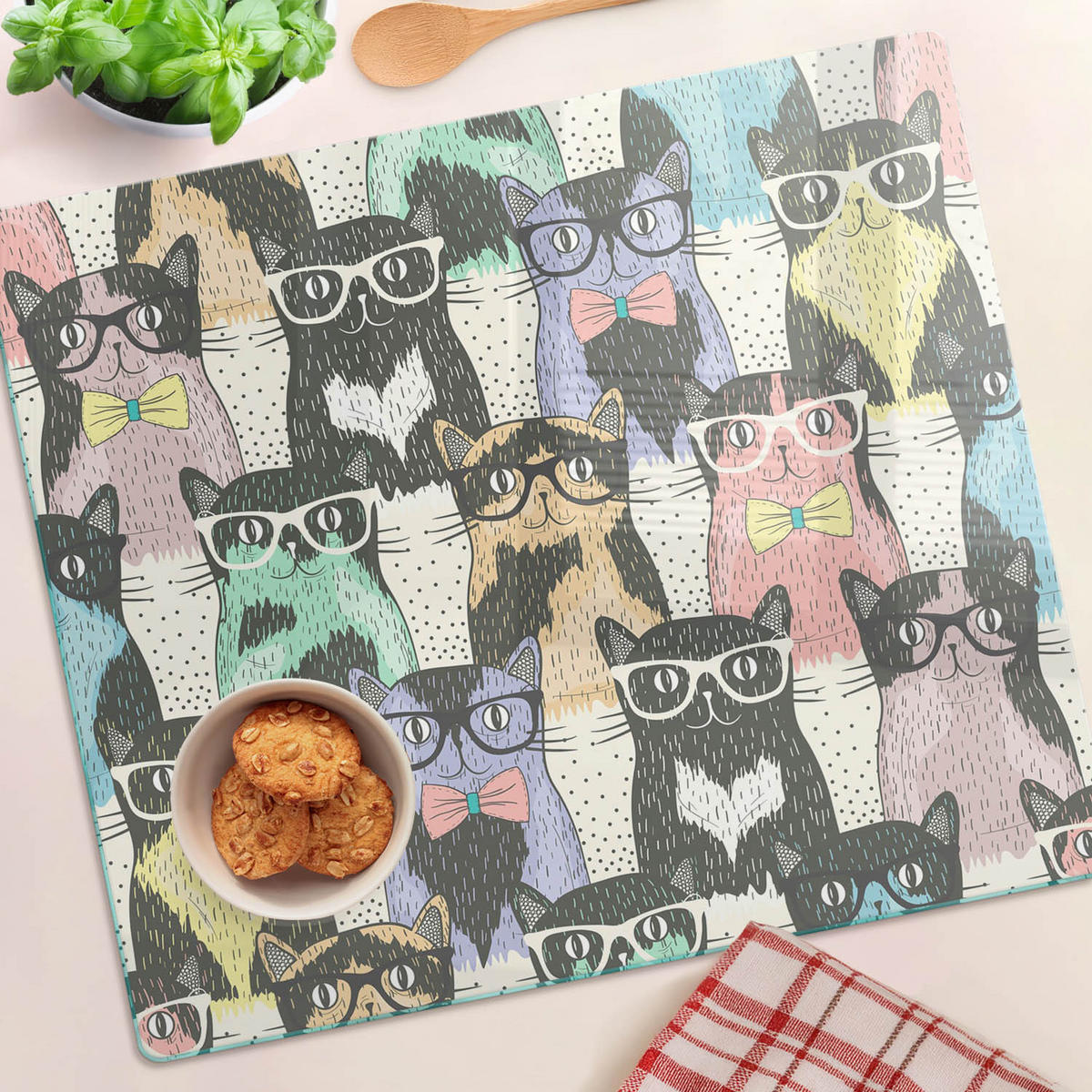 GLASPLATTE 60x52 cm Katzen mit Brille - Blau/Grau, Glas (60/0.4/52cm) - TULUP
