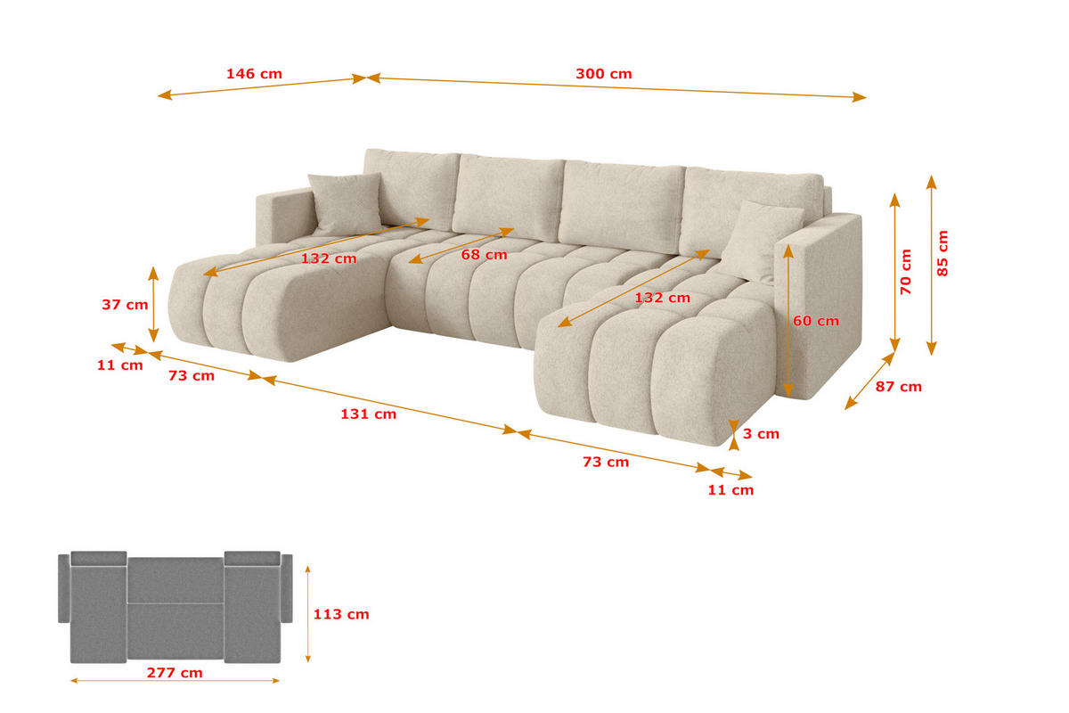 SEDACÍ SOUPRAVA DO U s funkcí spaní a úložným prostorem GARD-U 300x146x85 krémová velur - černá/krémová, kompozitní dřevo/textil (300/85/146cm) - ALTDECOR