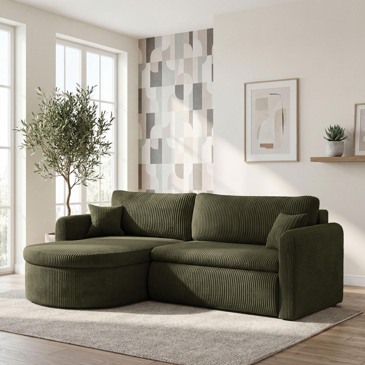 ECKSOFA Cora mit Schlaffunktion & Stauraum, Universell Rechts/Links, Olivgrün Cord Chenille 260/82/160 cm - Schwarz/Grün, Kunststoff/Textil (250/160cm) - WFL GROUP