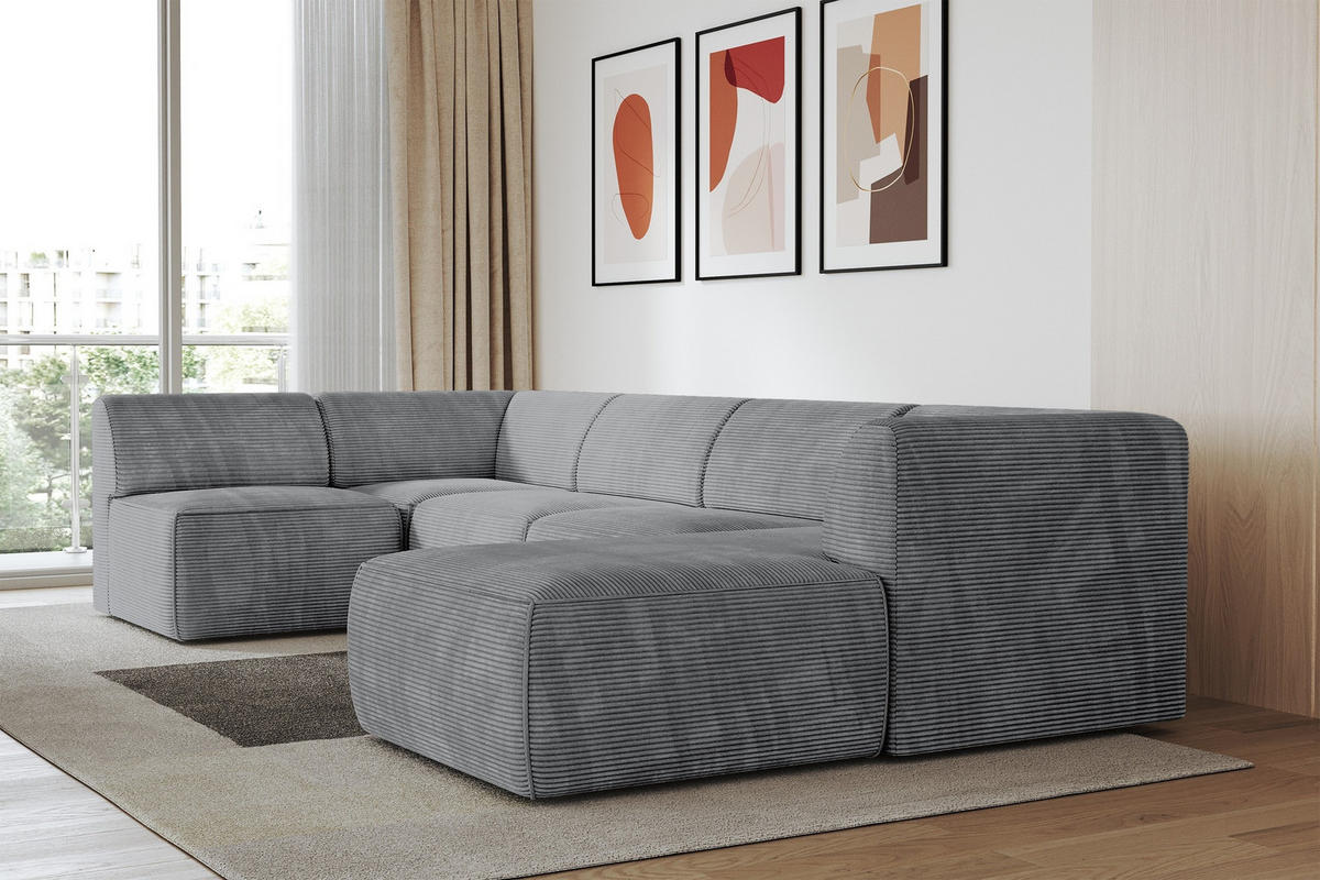 WOHNLANDSCHAFT Ottomane Rechts MOVA 345x180x78 Dunkelgrau Cord - Dunkelgrau/Anthrazit, Holzwerkstoff/Kunststoff (345/78/180cm) - ALTDECOR