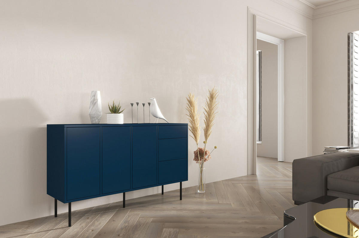 SIDEBOARD Mirka, Marinblau, Push to Open System, Minimalistisch - Schwarz/Dunkelblau, Holzwerkstoff/Metall (130/80/40cm) - Dancan