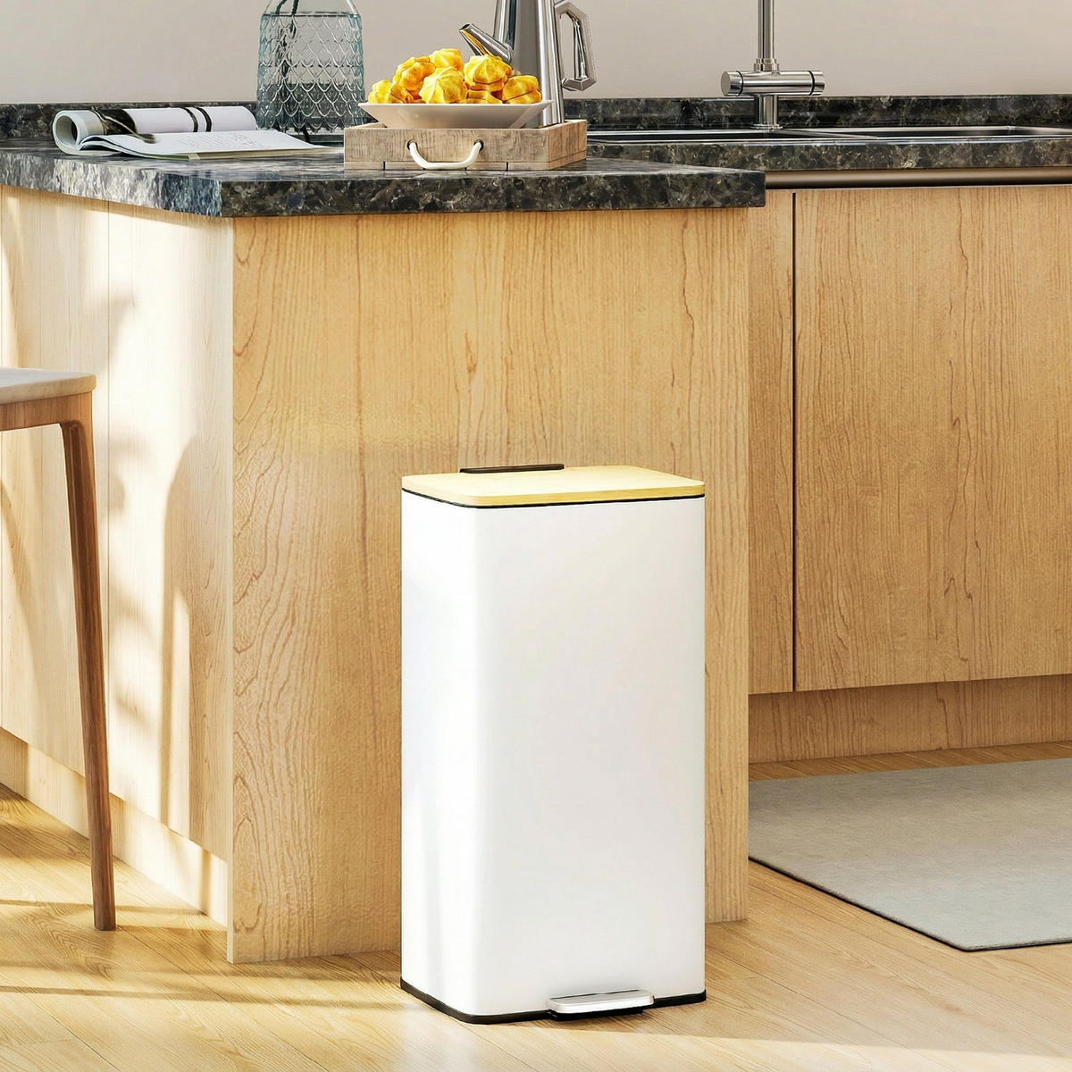 MÜLLEIMER 20L WEIß Treteimer mit Bambusdeckel 29,5/29,5/56,8 cm Metall - Weiß, Metall (29.5/56.8/29.5cm) - Rolipo