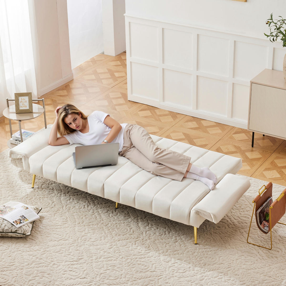DOPPELSCHLAFSOFA 183x76x75 5-stufig, Samt, beige - Beige, Textil (76/75/183cm) - Luhomfu