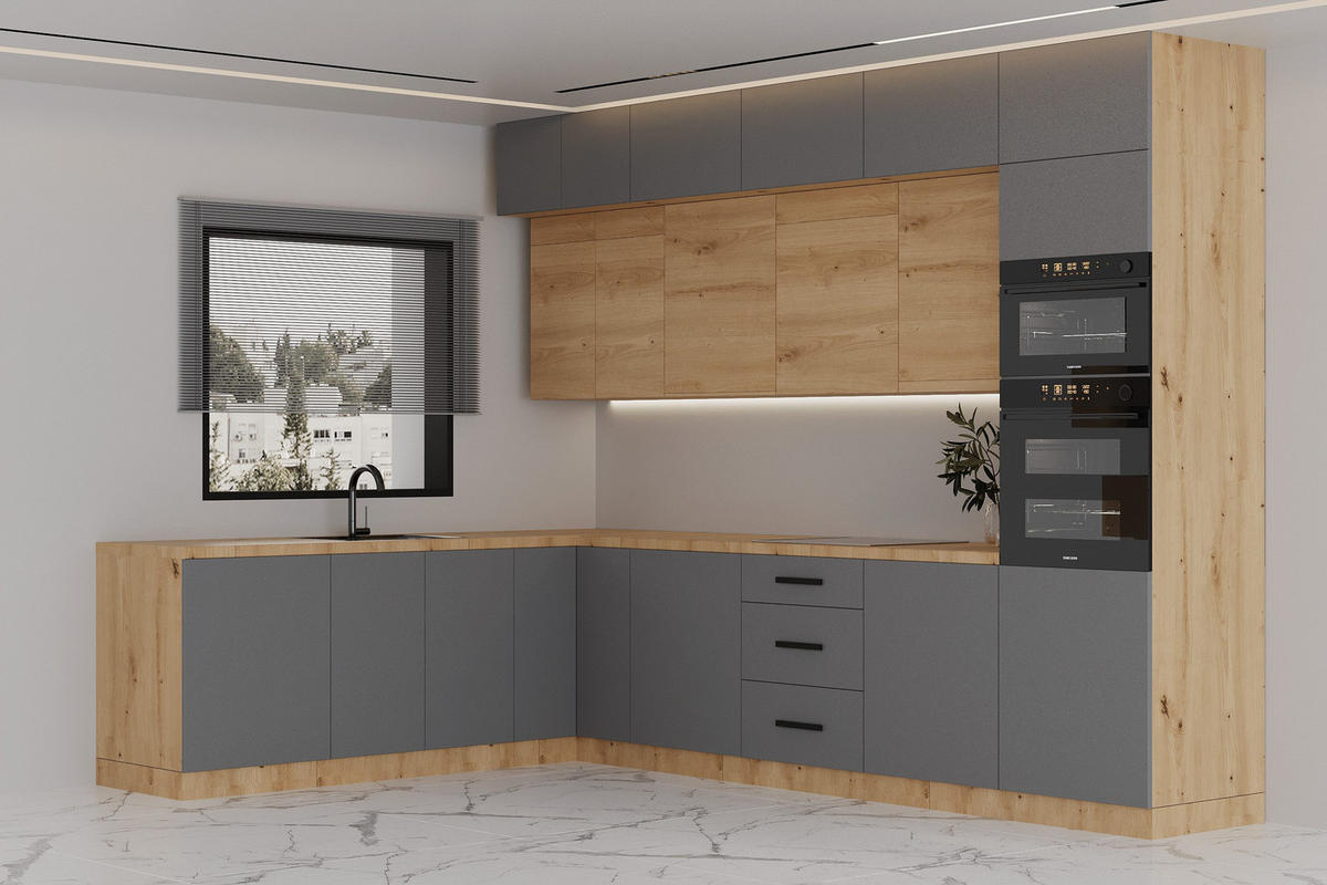 ECKKÜCHE 330 x 230 cm – Nexa K105-G330 – in Beige & Woodline / Matt - Beige/Schwarz, Holz/Metall (330/212/58cm) - ROYAL24_MARKT