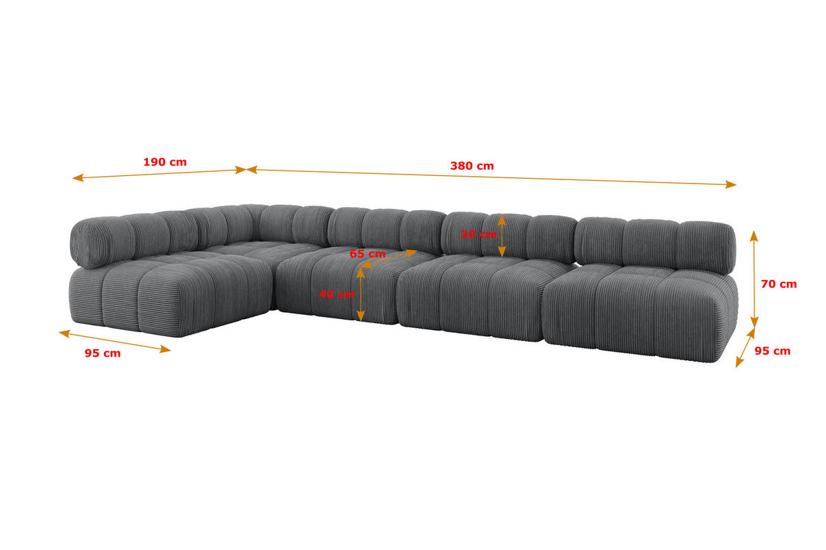ECKSOFA modulares Sofa Samaro-L3 - 380x190x70 cm Dunkelgrau Cord - Dunkelgrau, Holzwerkstoff/Textil (380/190cm) - ALTDECOR