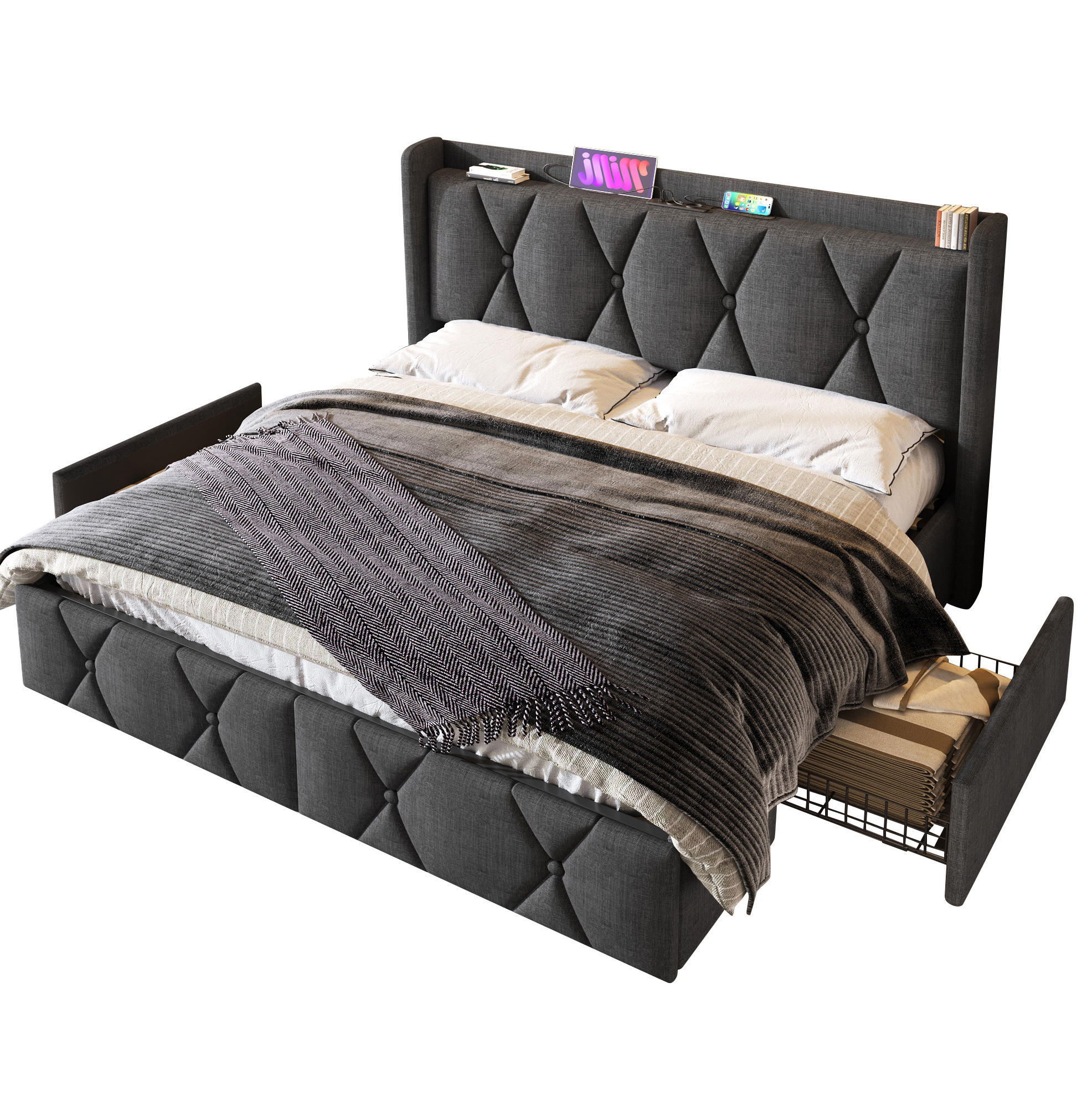 POLSTERBETT 140/200 cm Grau aus Leinen mit USB und 4 Schubladen - Grau, Textil (140/200cm) - OKMYHOME
