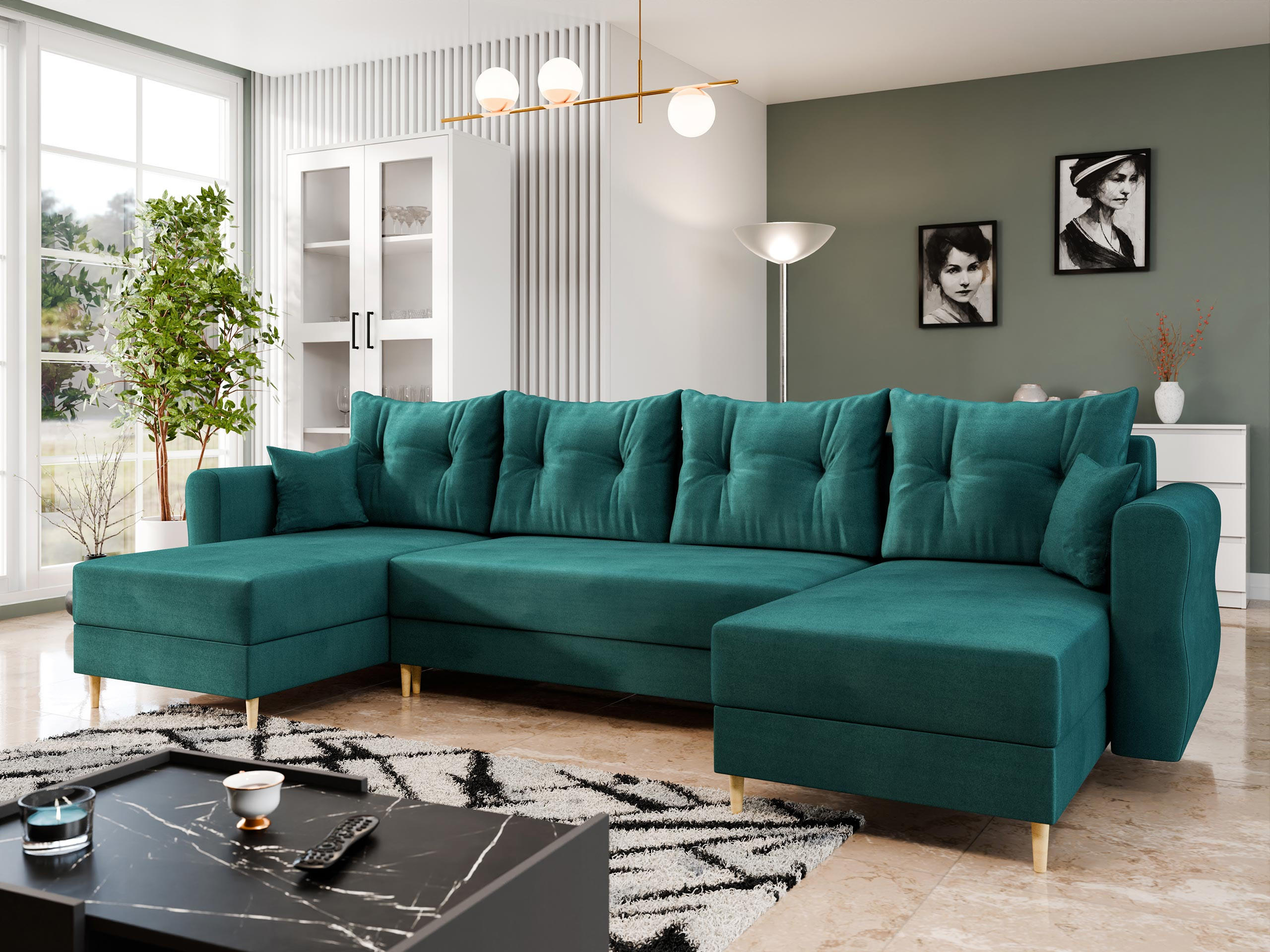 WOHNLANDSCHAFT Zako U - Türkis/Naturfarben, Holz/Textil (310/85/138cm) - MIRJAN24