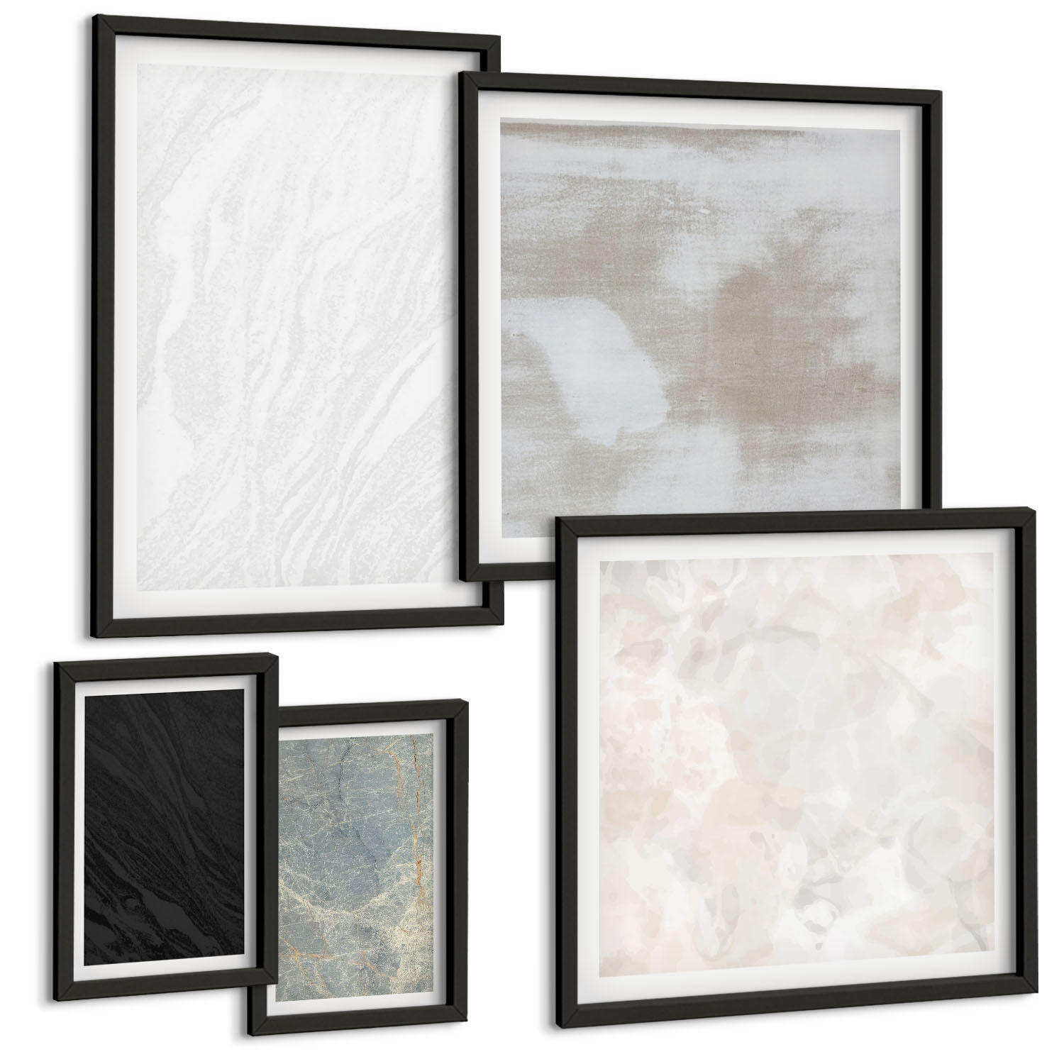BILDER SET 5er Set - 50x50 cm & 20x30 cm & 40x60 cm Schwarzer Rahmen - Steintexturen - Schwarz, Kunststoff (40/60cm) - TULUP