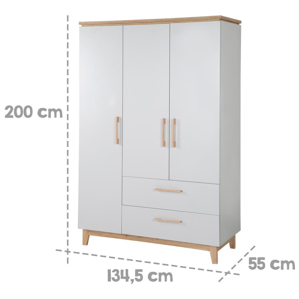 KLEIDERSCHRANK Caro 3-türig - Hellgrau, Holzwerkstoff (134.5/200/55cm) - Roba
