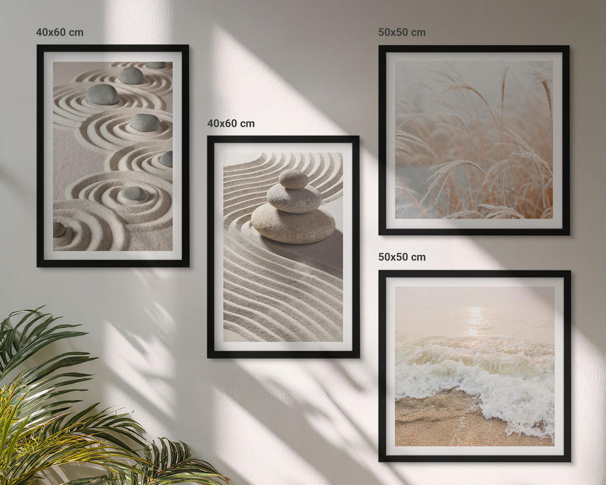BILDER SET 4er Set - 50x50 cm & 40x60 cm Schwarzer Rahmen - Wellen, Sand, Wasser, Steine, Strand - Schwarz, Kunststoff (50/50cm) - TULUP