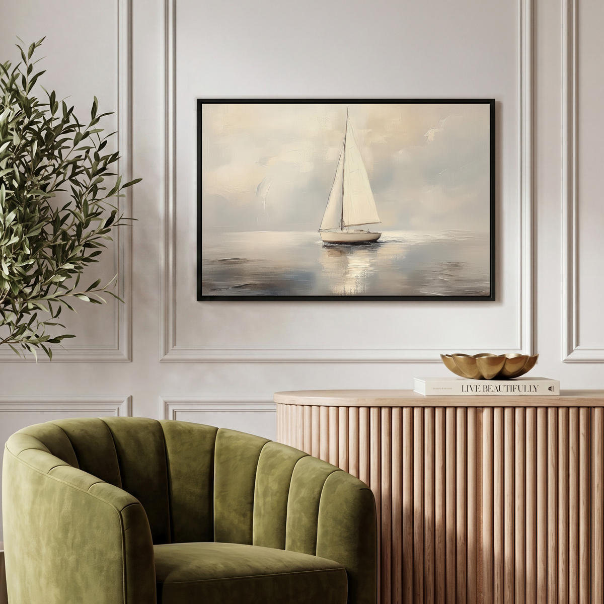 LEINWAND Bilder mit Rahmen - Segelschiff - Meer - Bewölkt - 60x40 - Creme, Textil (60/40cm) - MuchoWow
