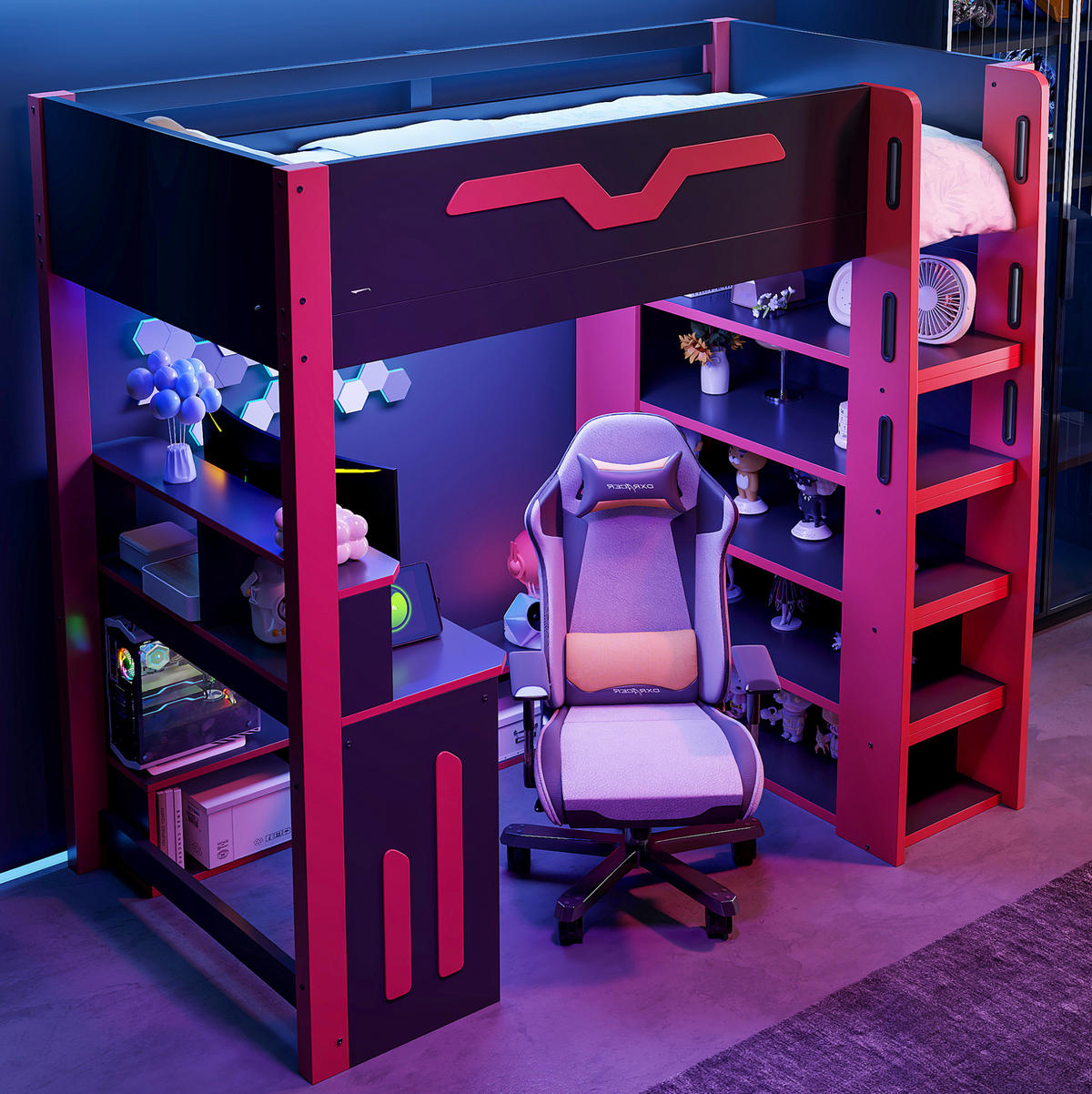 HOCHBETT 90/200 cm Schwarz/Rot mit Schreibtisch und LED-Beleuchtung - Schwarz, Holz (90/200cm) - MIVRAY