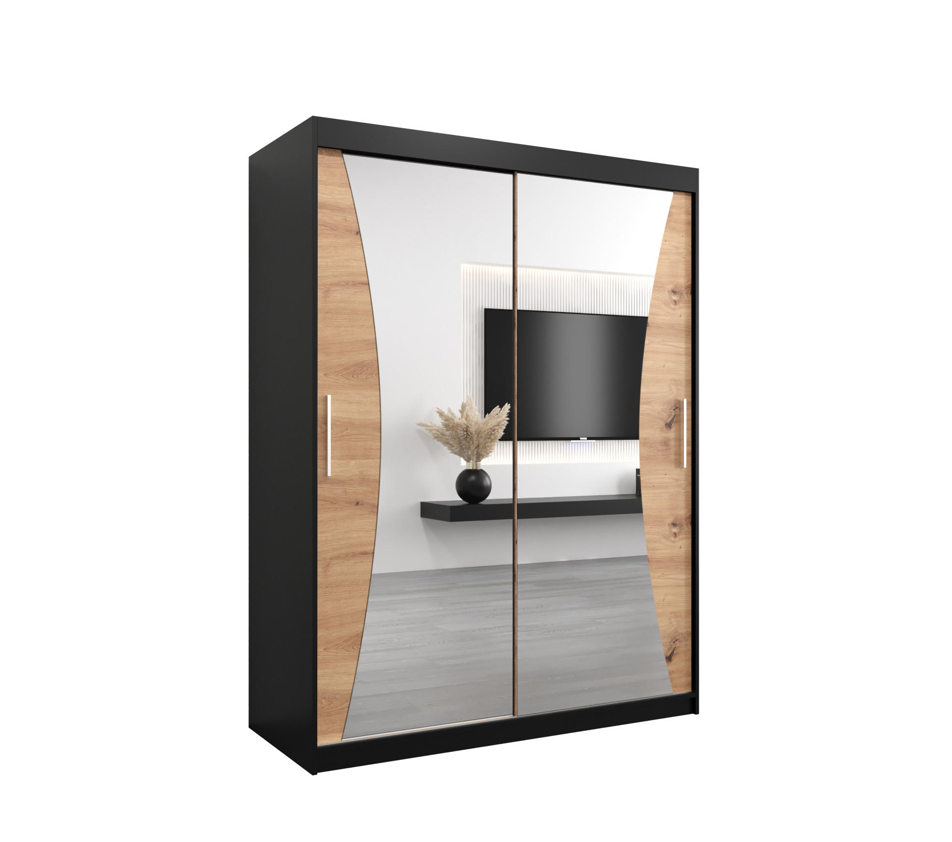 Abiks Möbel Schwebetürenschrank Schwarz, Eiche Artisan 150x200x62 cm