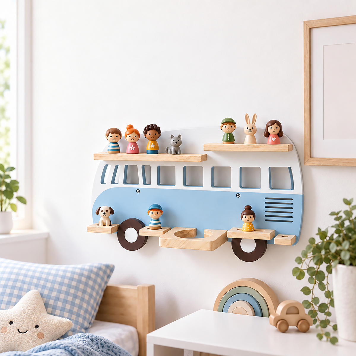 WANDREGAL Blau Busform für 25 Hörfiguren - Blau, Holz (62/32/13cm) - Relaxdays