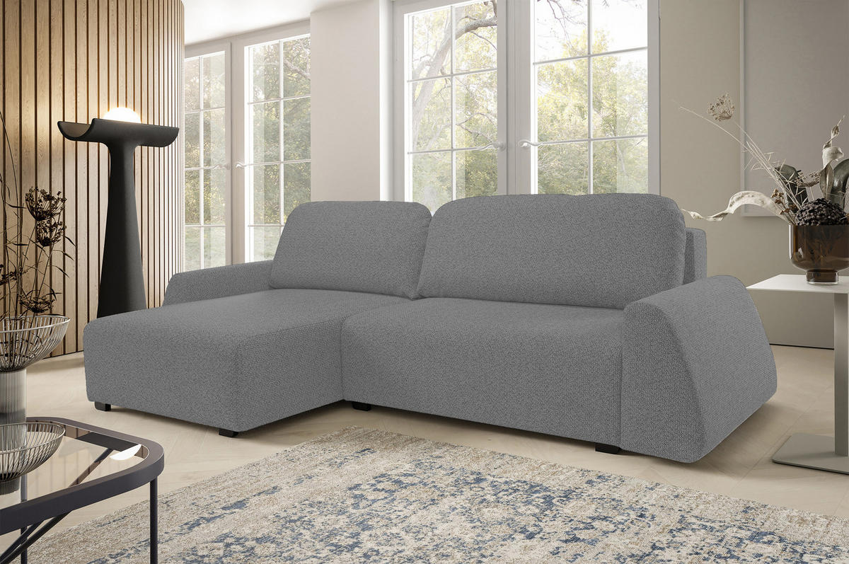ECKSOFA ALMI mit Schlaffunktion, Bettkasten, Wellenfedern Komfortable Sitzpolsterung Elegantes Design Linke, 160x275 cm Silber - Silberfarben, Holz/Textil (160/275cm) - DomoHome